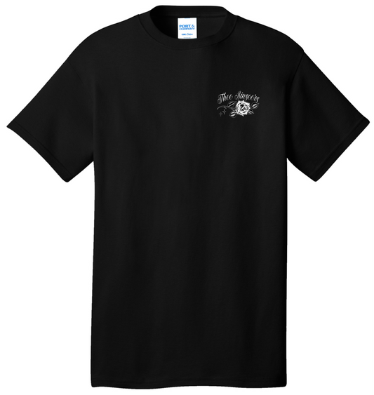 Black t-shirt with a white logo on a white background