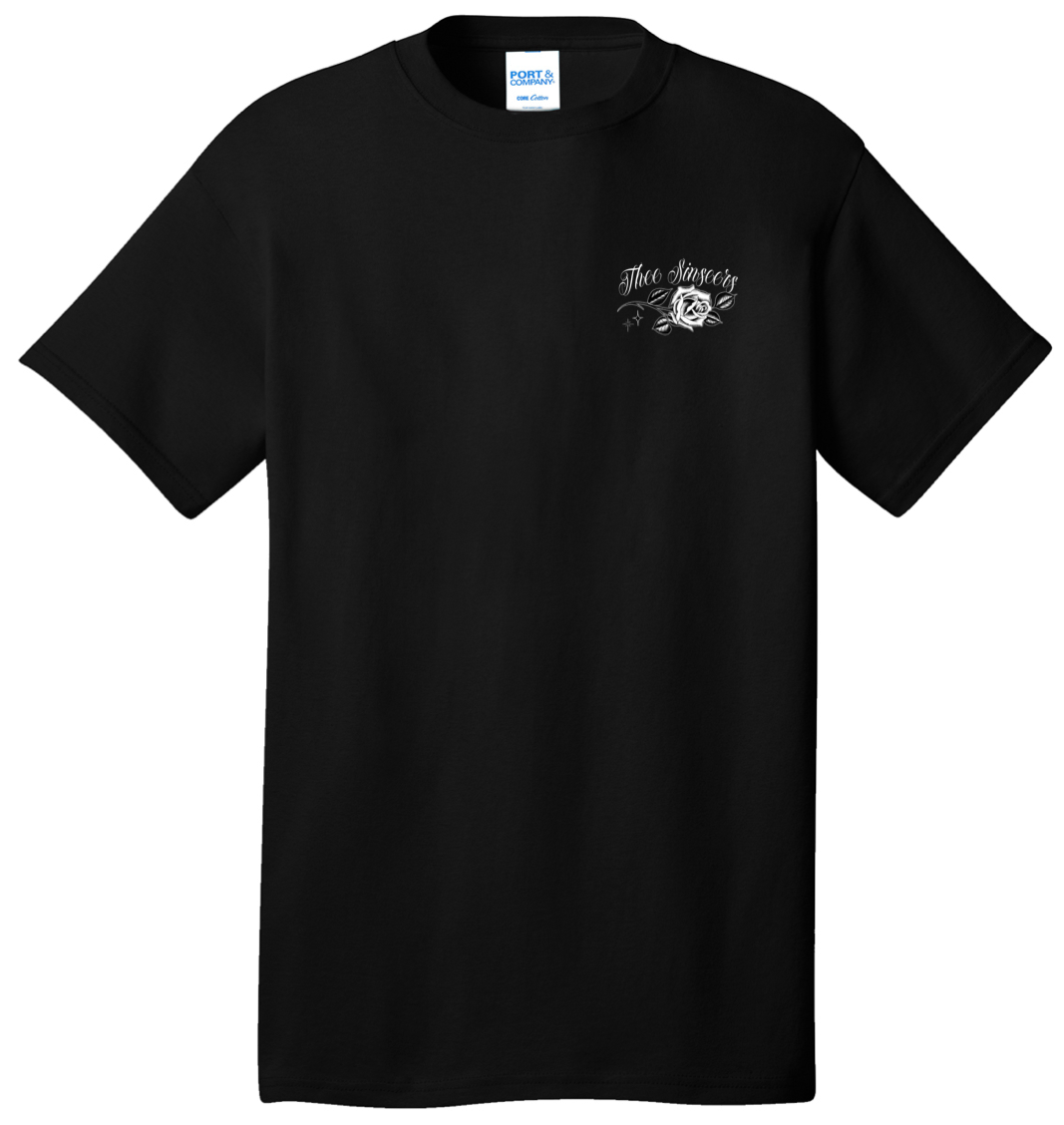 Black t-shirt with a white logo on a white background